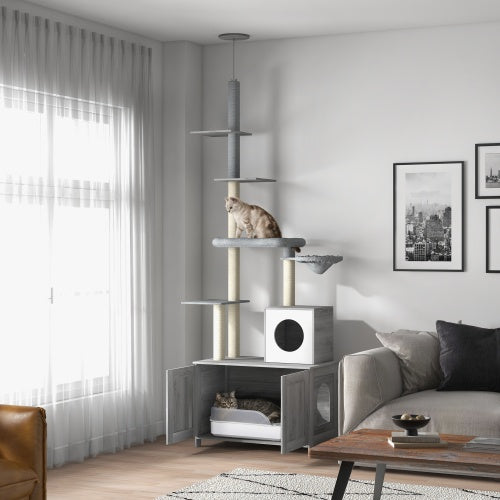 PawHut Cat Tree With Litter Box Enclosure, 2 In 1 Floor To Ceiling Cat Tower