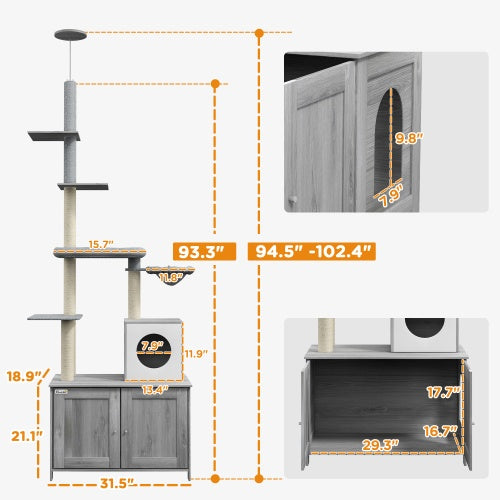 PawHut Cat Tree With Litter Box Enclosure, 2 In 1 Floor To Ceiling Cat Tower