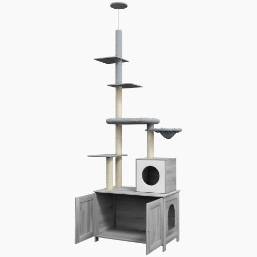 PawHut Cat Tree With Litter Box Enclosure, 2 In 1 Floor To Ceiling Cat Tower