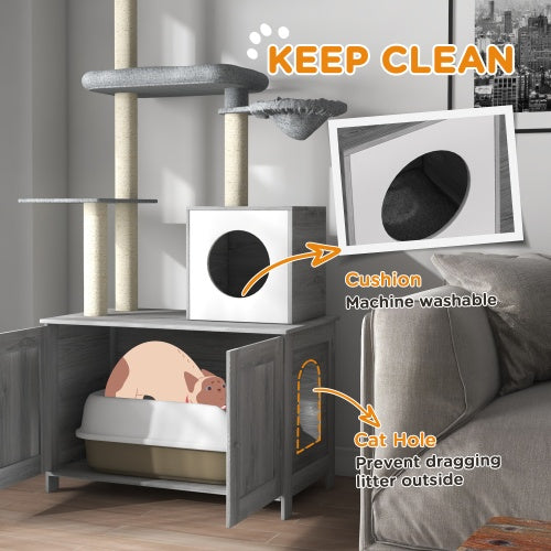 PawHut Cat Tree With Litter Box Enclosure, 2 In 1 Floor To Ceiling Cat Tower