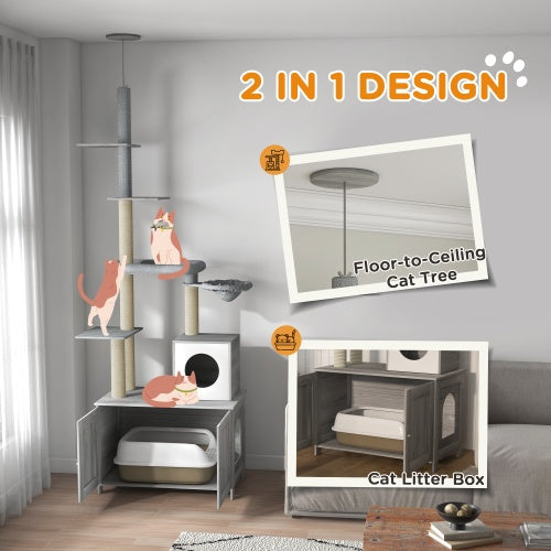 PawHut Cat Tree With Litter Box Enclosure, 2 In 1 Floor To Ceiling Cat Tower