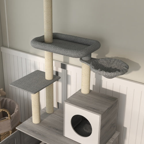 PawHut Cat Tree With Litter Box Enclosure, 2 In 1 Floor To Ceiling Cat Tower