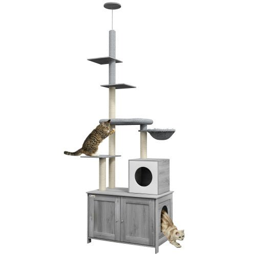 PawHut Cat Tree With Litter Box Enclosure, 2 In 1 Floor To Ceiling Cat Tower