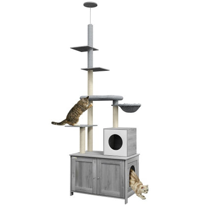 PawHut Cat Tree With Litter Box Enclosure, 2 In 1 Floor To Ceiling Cat Tower