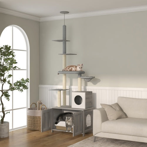 PawHut Cat Tree With Litter Box Enclosure, 2 In 1 Floor To Ceiling Cat Tower