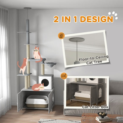 PawHut Cat Tree With Litter Box Enclosure, 2 In 1 Floor To Ceiling Cat Tower
